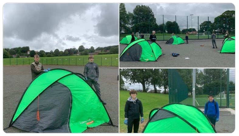 Three pictures of green tents in a field