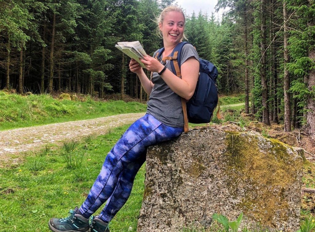 Holly on DofE expedition wearing blue leggings and grey tshirt