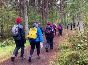 Photo of a group walking away on a forest trail