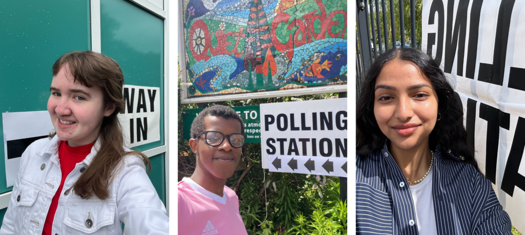 Roisin, Christopher and Kaysah in selfies outside their polling stations.