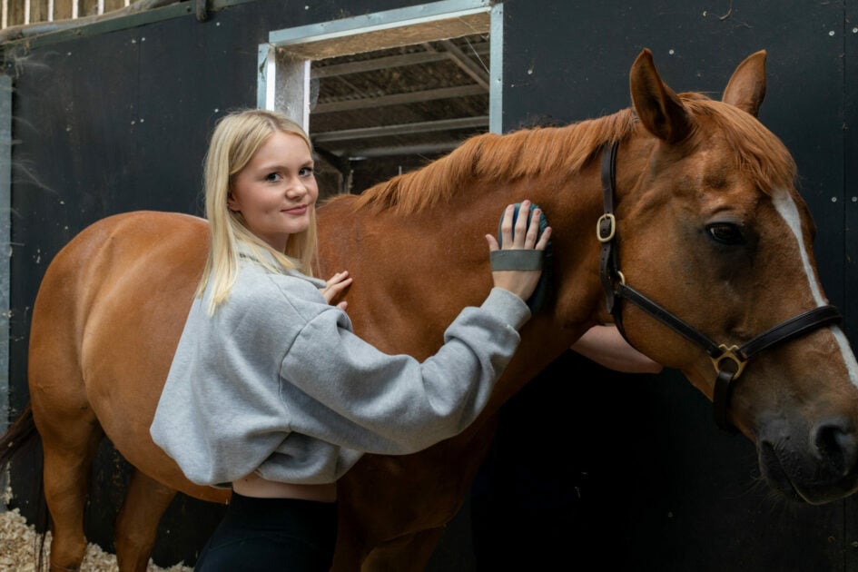 A young woman with blonde hair wearing a gray sweatshirt stands beside a brown horse, gently petting its neck. The horse is in a stable, and the environment is rustic, with wooden walls and straw on the ground.