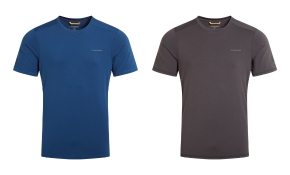 Two short‑sleeve crew‑neck performance T‑shirts displayed side by side. The left shirt is blue with a subtle logo on the chest. The right shirt is dark grey with the same minimal chest logo. Both shirts have a smooth, lightweight technical fabric.