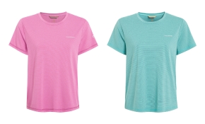 Two short‑sleeve crew‑neck T‑shirts displayed side by side. The shirt on the left is pink with a subtle chest logo. The shirt on the right is light turquoise with the same small chest logo. Both shirts have a lightweight, slightly textured technical fabric.