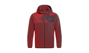 Red full‑zip hooded jacket with long sleeves, subtle textured fabric, and a small logo on the left chest.