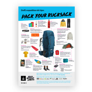 Infographic titled “DofE expedition kit tips: Pack Your Rucksack” showing a large expedition rucksack surrounded by recommended Duke of Edinburgh’s Award kit items and packing advice. Featured equipment includes a tent, sleeping bag, sleeping mat, waterproof jacket and trousers, fleece, first aid kit, stove, fuel, head torch, survival bag, spare clothing, food, socks, wash kit, towel and eating/drinking equipment. Guidance explains where to pack each item within the rucksack, with DofE branding and recommended retail partner logos displayed at the bottom.