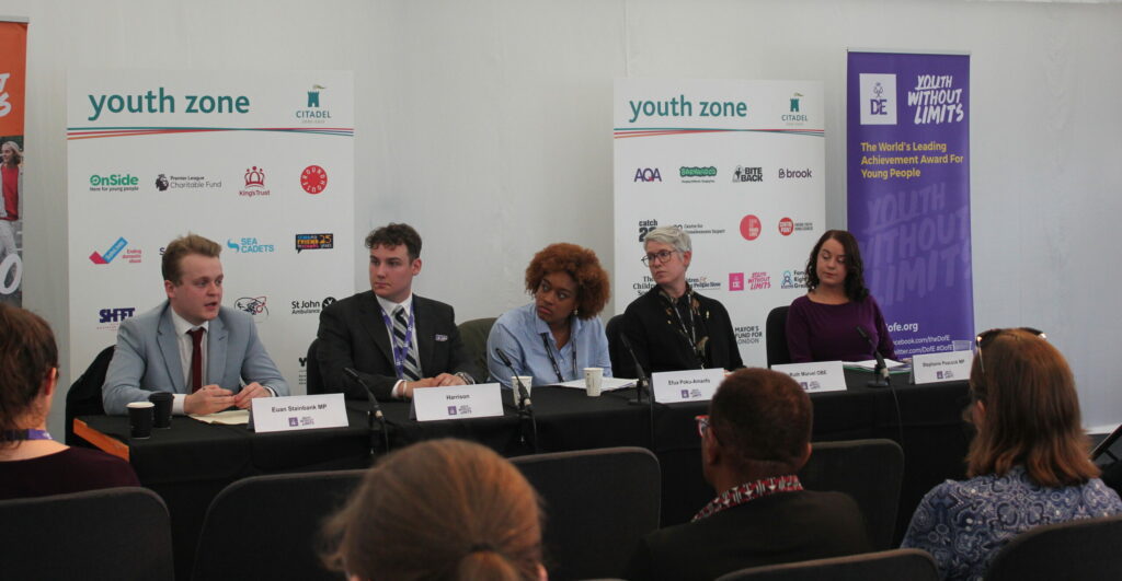 A panel of five people, including D of E CEO Ruth Marvel, Minister for Youth Stephanie Peacock and D of E youth ambassadors.