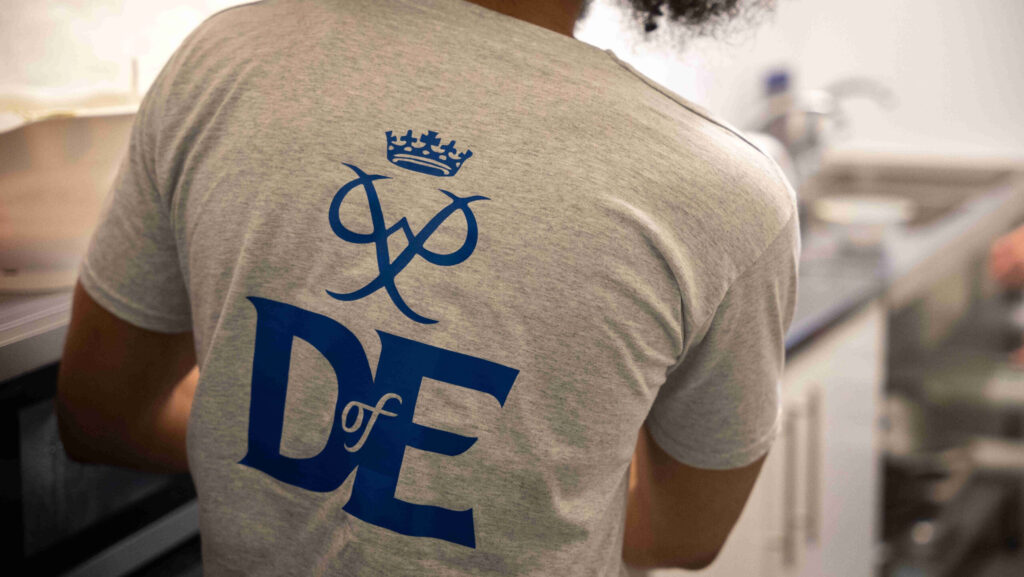 A young person wearing a grey t-shirt with a blue D of E logo on the back.