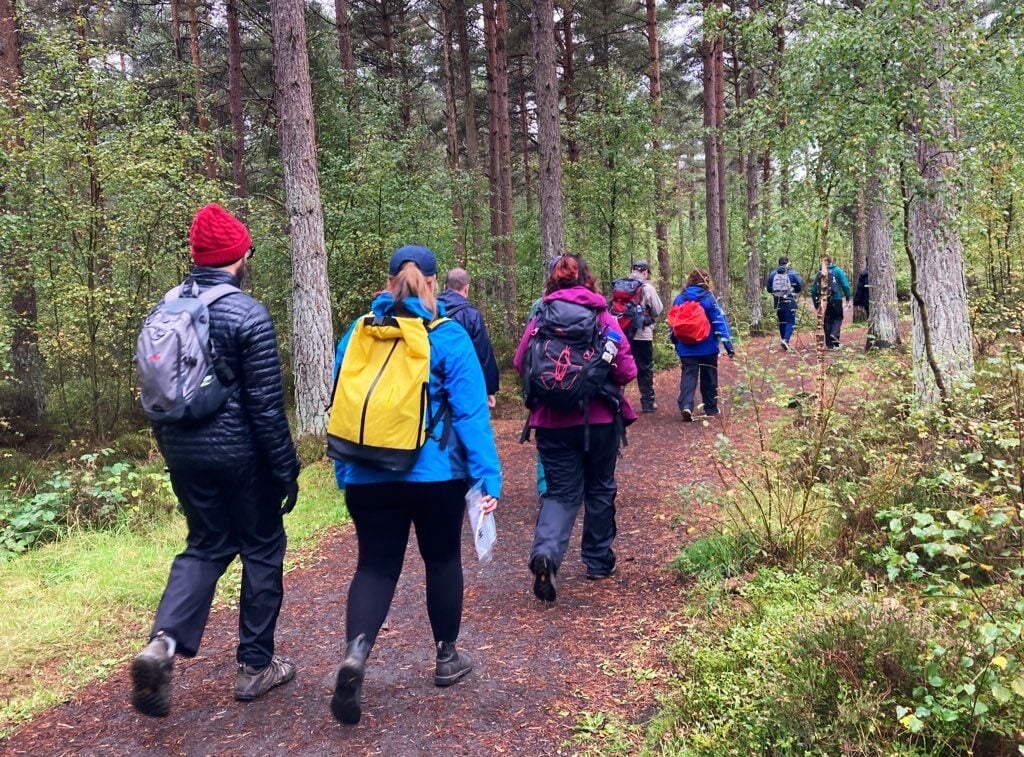 Photo of a group walking away on a forest trail.