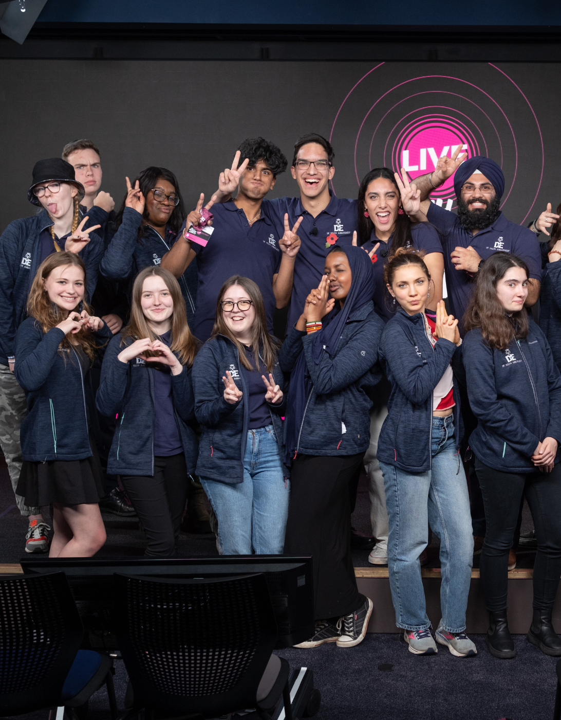 A group of 13 DofE UK Youth Ambassadors standing on stage at the DofE's Youth Without Limits LIVE event. They are all wearing matching navy fleeces, doing different poses and looking directly to the camera.