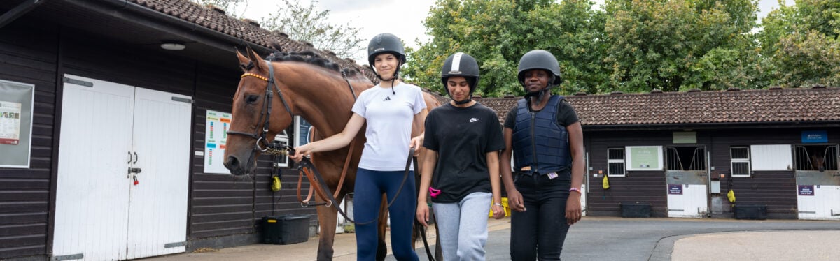 Three young people wearing helmets standing next to a brown horse.