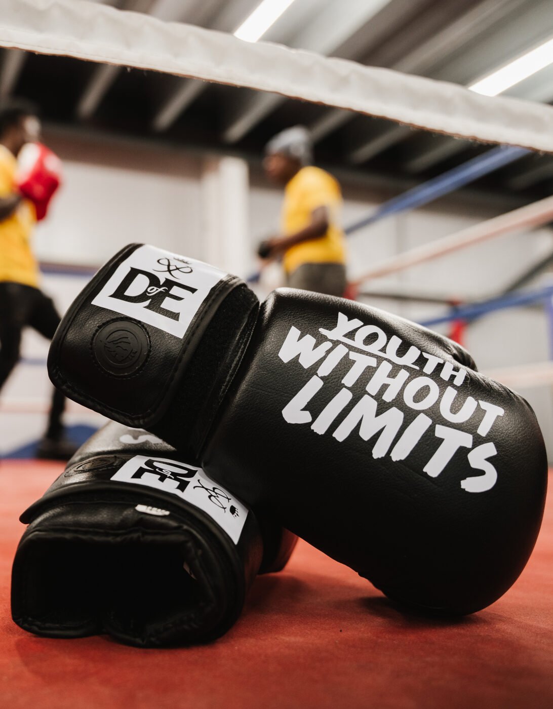 A pair of black boxing gloves with the text 