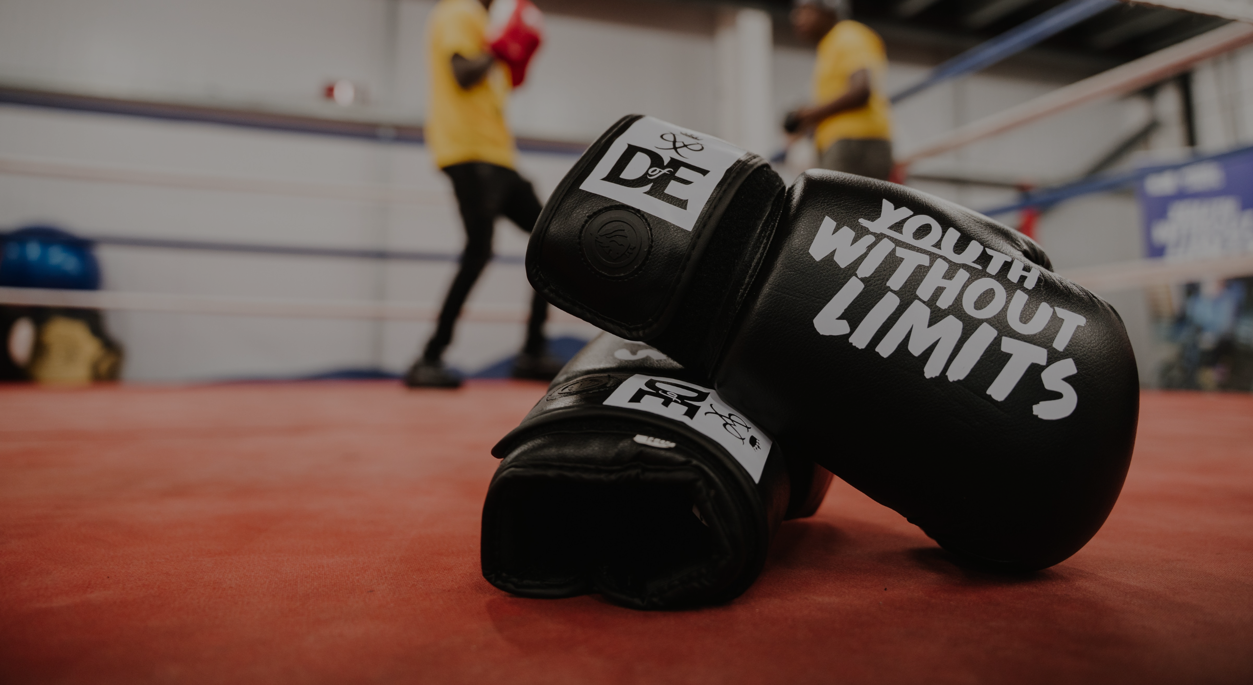 A pair of black boxing gloves with the text