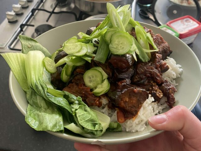 A bowl of rice and curry with sliced cucumber and spring onions on top and pak choi leaves on the side.