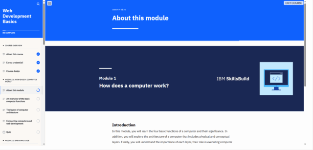 A screenshot of IBM SkillsBuild showing the user's completed modules.