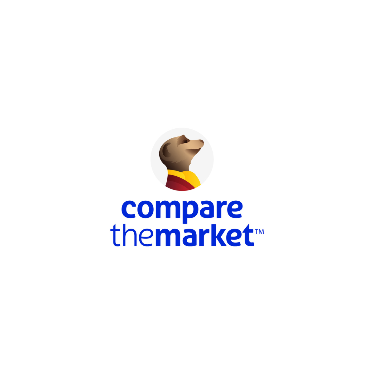 Logo for comparethemarket™ featuring a meerkat wearing a red and yellow garment above the blue text 'compare the market™'