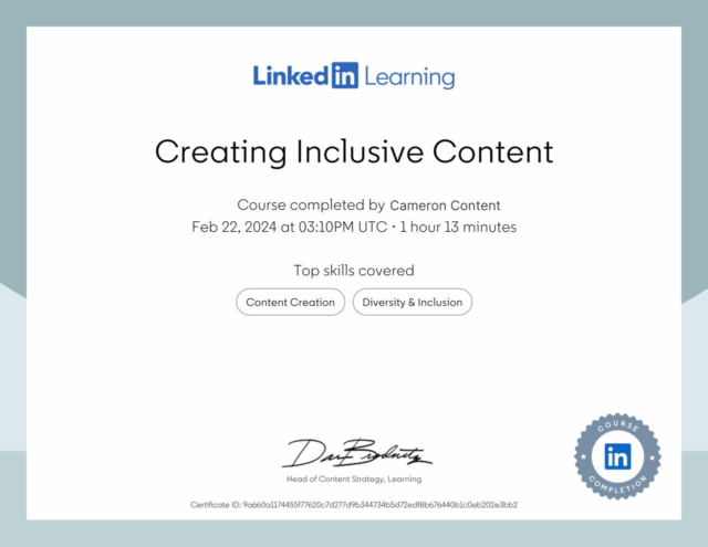 LinkedIn Learning certificate for completing a Creating Inclusive Content course.