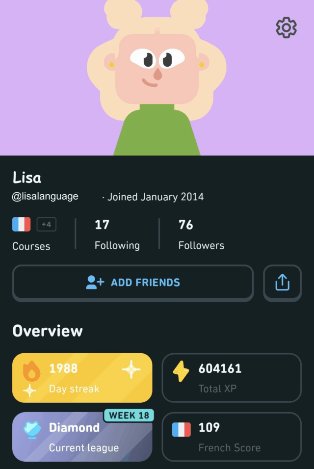 Screenshot of a Duolingo profile showing language, streak, total XP and score