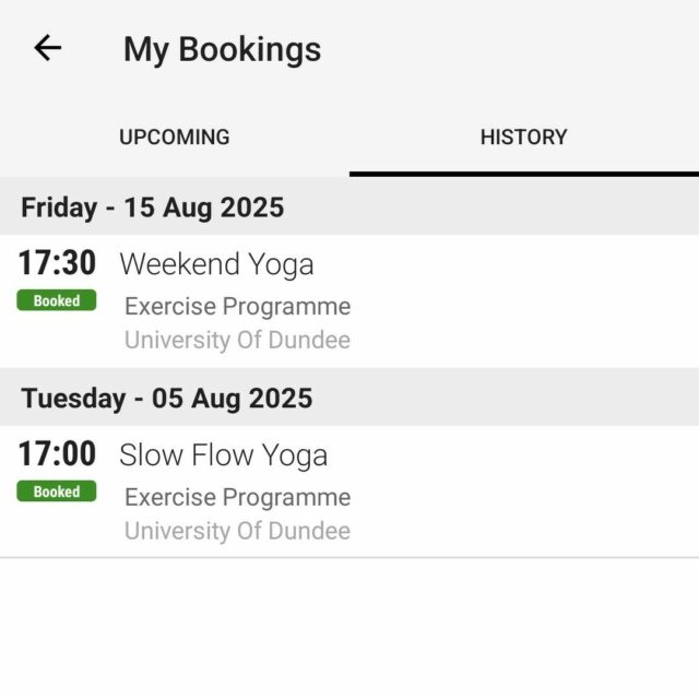 Screenshot of an app showing a list of previously booked yoga classes.