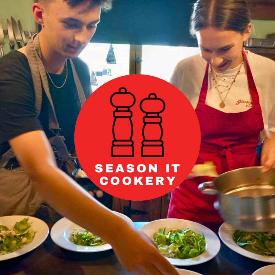 Season It Cookery logo over image of two young people cooking.