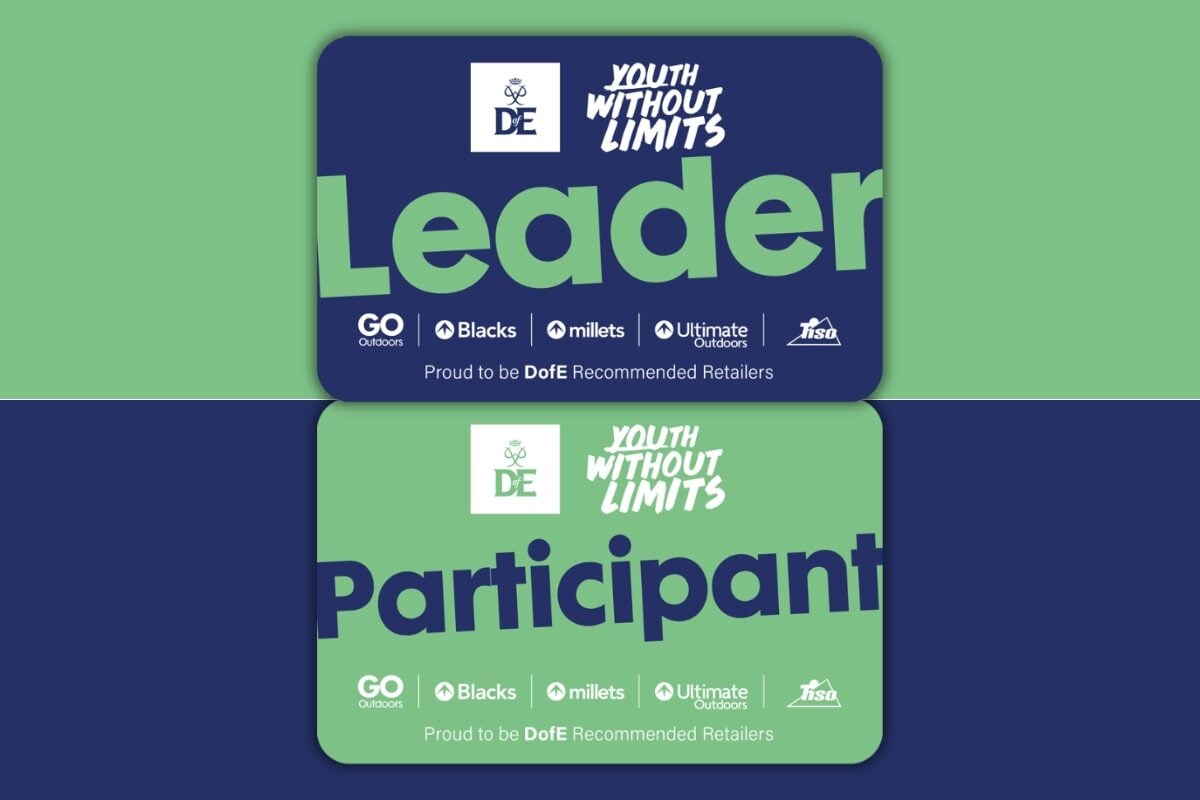 Two rectangular cards displayed side by side promoting DofE (Duke of Edinburgh) membership. The top card is dark blue with bold green text reading ‘Leader,’ and the bottom card is green with bold dark blue text reading ‘Participant.’ Both cards feature the DofE logo, the tagline ‘Youth Without Limits,’ and logos of recommended outdoor retailers including GO Outdoors, Blacks, Millets, Ultimate Outdoors, and Tiso. Text at the bottom states ‘Proud to be DofE Recommended Retailers.