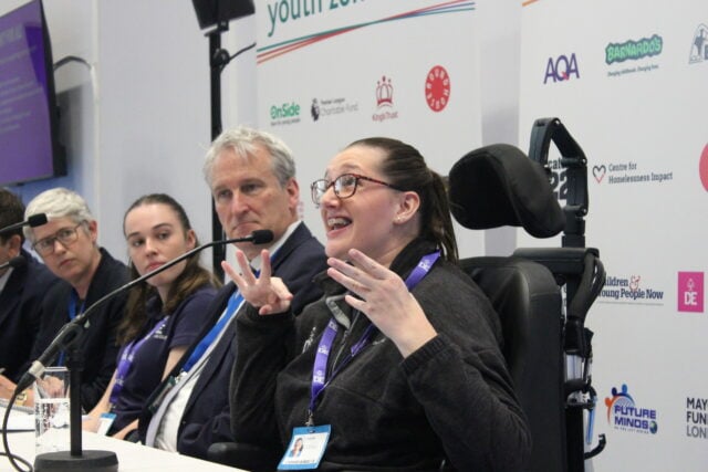Youth Ambassador Evie talking as part of a panel at the Conservative party conference.