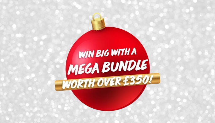 Red bauble over a silver background. Text over the bauble reads 'Win big with a mega bundle worth over £350!'.