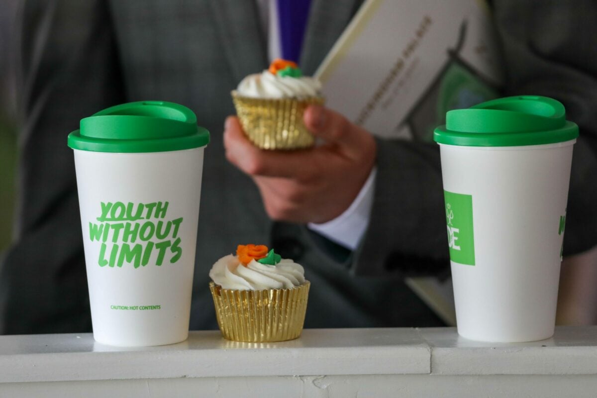 Two green and white D of E travel mugs and a carrot cake cupcake between them.