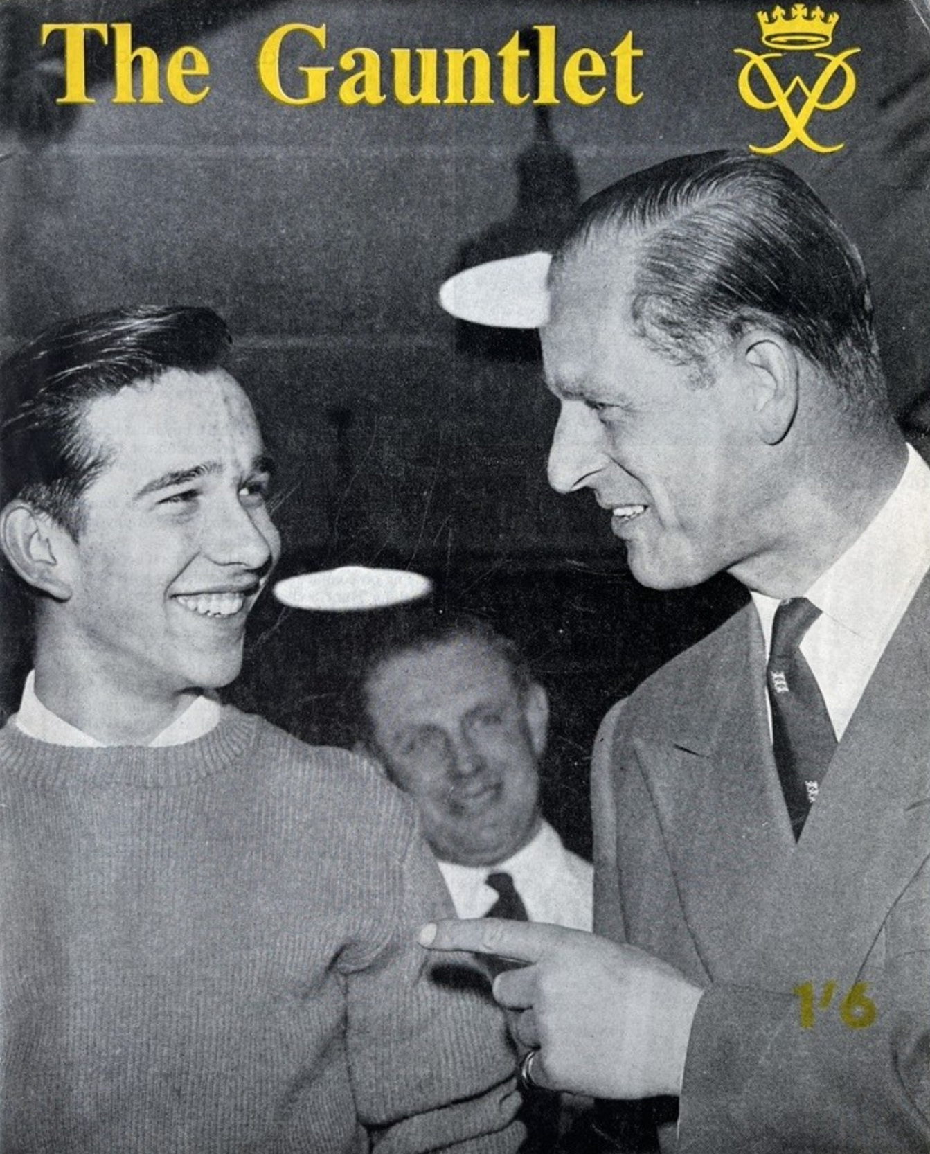 Front page of The Gauntlet magazine showing Prince Philip talking to a young man.