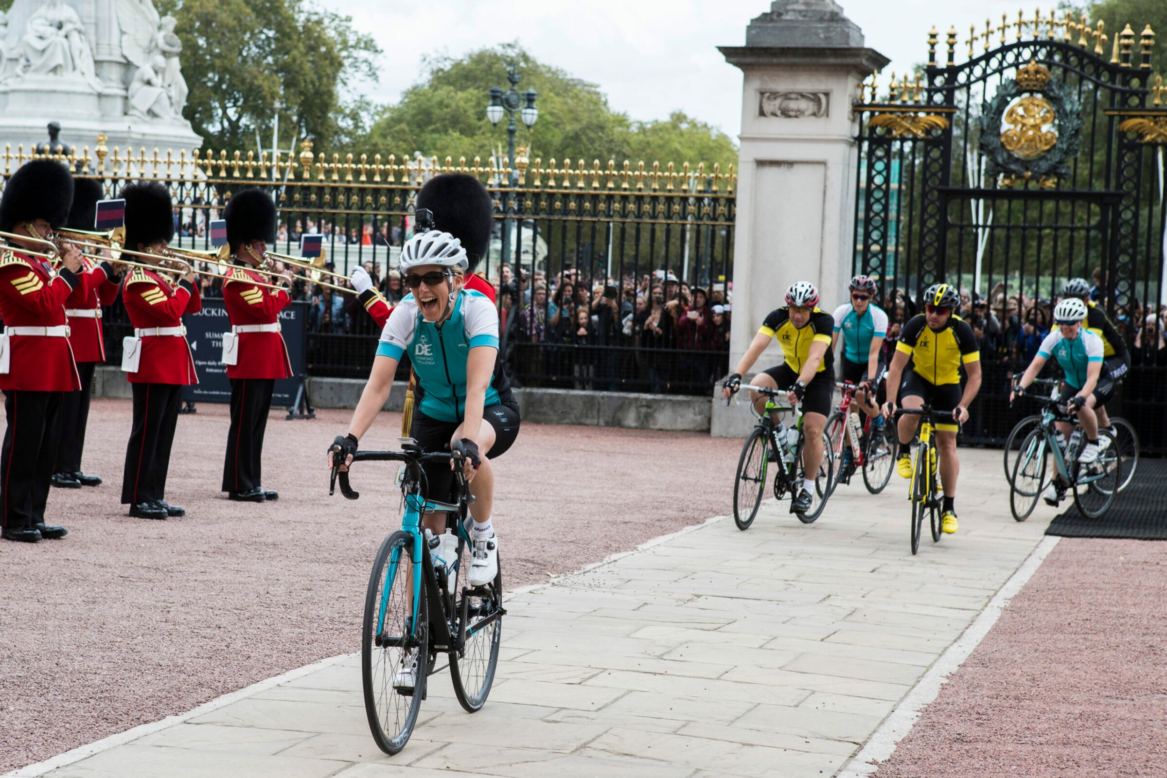 The Countess of Wessex cycling in to Buckingham Palace as part of the D of E Diamond Challenge.