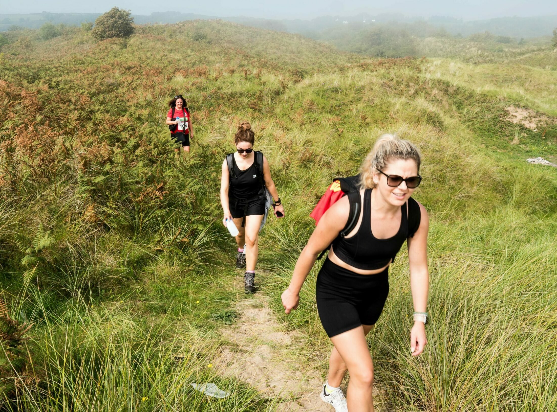 Three hikers walking up a path on a grassy hill.