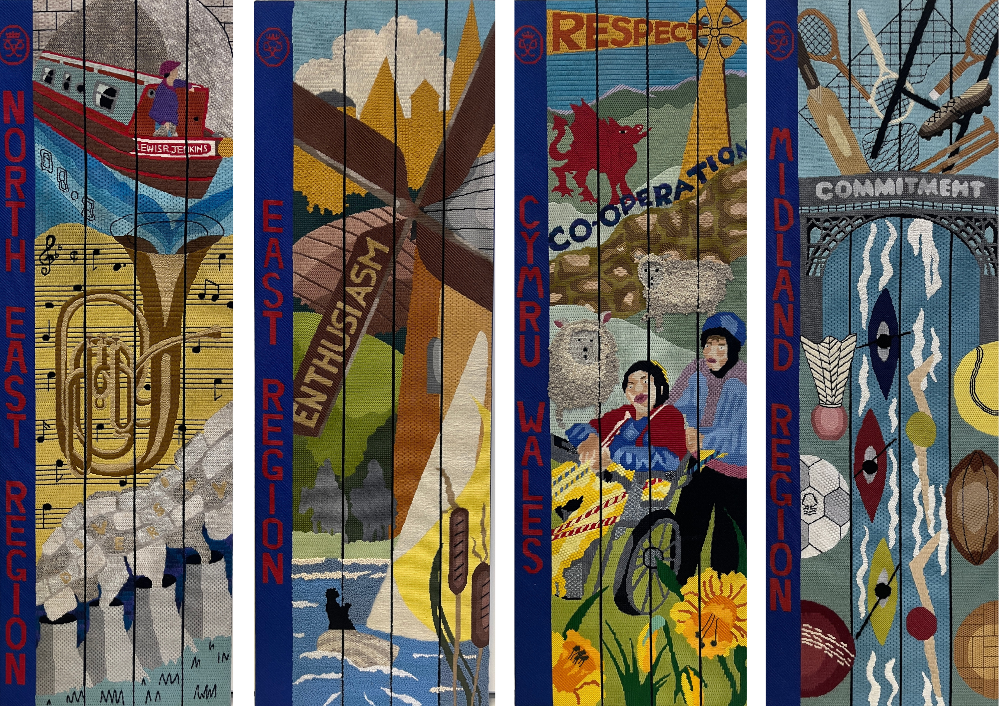 A set of four vertical embroidered tapestries representing different Duke of Edinburgh’s Award regions. Each tapestry features bold colours and symbolic imagery. North East Region: Shows a ship on waves, musical notes, and a brass instrument above rocky terrain. East Region: Depicts a windmill with sails marked “ENTHUSIASM,” set against rolling hills, trees, and a river. Cymru Wales: Features a red Welsh dragon, a Celtic cross, the word “COOPERATION,” a sheep, cyclists, and a field of bright yellow flowers. Midland Region: Contains the word “COMMITMENT” beneath an industrial-style arch, an old aircraft, and a collection of sports and outdoor activity symbols including paddles, a rugby ball, and feathers.