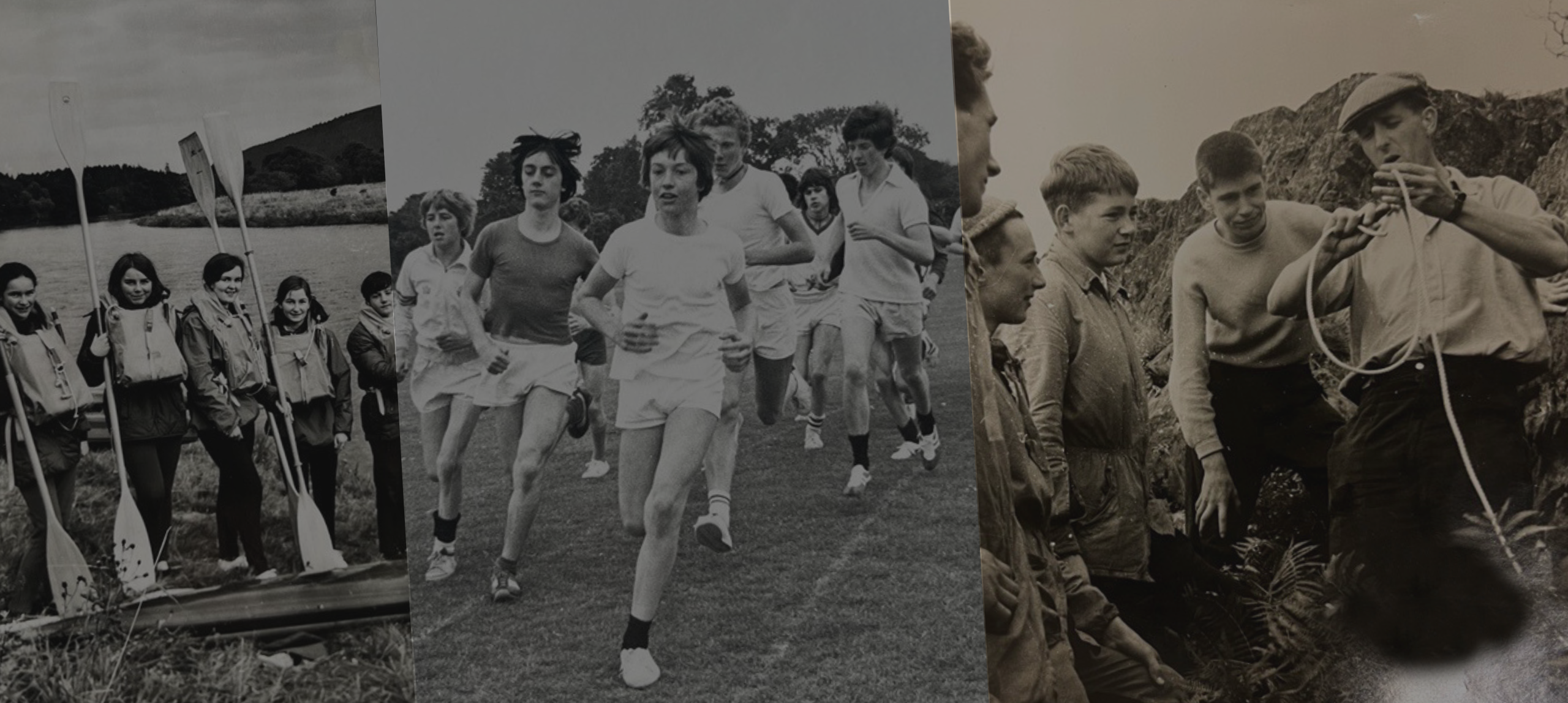 A collage of three black‑and‑white photographs showing groups of people participating in outdoor activities. The left image shows a group standing beside a lake holding paddles and wearing life jackets. The center image depicts a group running across a grassy field during what appears to be a race or athletic event. The right image shows several people engaged in a rugged outdoor activity, gathered around a rocky area with one person holding a rope.