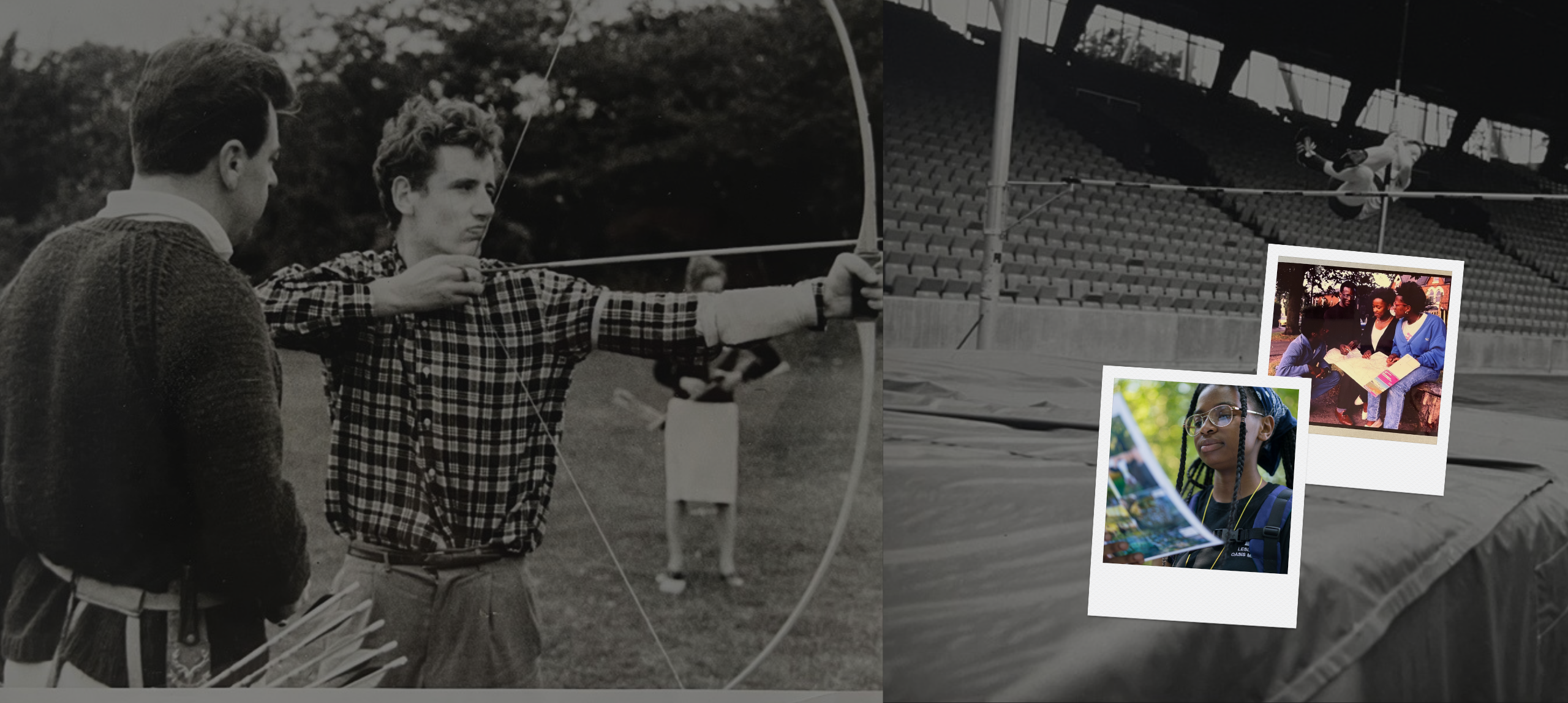 A collage featuring outdoor activity scenes. On the left, a person draws a bow while practising archery as another person observes, with a third person standing in the background holding arrows. On the right, a pole-vaulter is clearing a bar in an empty stadium. Overlaid on this section are two small, Polaroid‑style photos showing people engaged in group activities, including reading a map and participating in what appears to be a discussion or workshop.