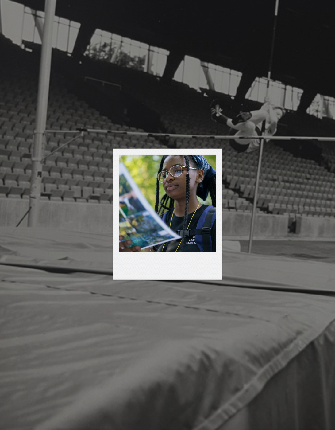 A black‑and‑white photograph of a pole‑vaulter mid‑air in an empty stadium, clearing the bar above a landing mat. Overlaid at the centre is a small colour Polaroid‑style photo showing a person outdoors holding and examining a map, with trees visible in the background.