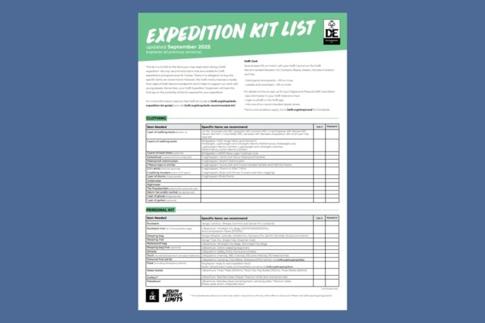 DofE Expedition Kit List poster updated September 2025, displayed on a blue background. The poster includes a green header with bold white text reading “Expedition Kit List” and details about recommended clothing and personal kit items for DofE expeditions. The list is organized into two sections: Clothing and Personal Kit, each with item names, recommended brands, and checkboxes for “Got it” and “Packed it.” The DofE logo and “Youth Without Limits” branding appear at the top and bottom.