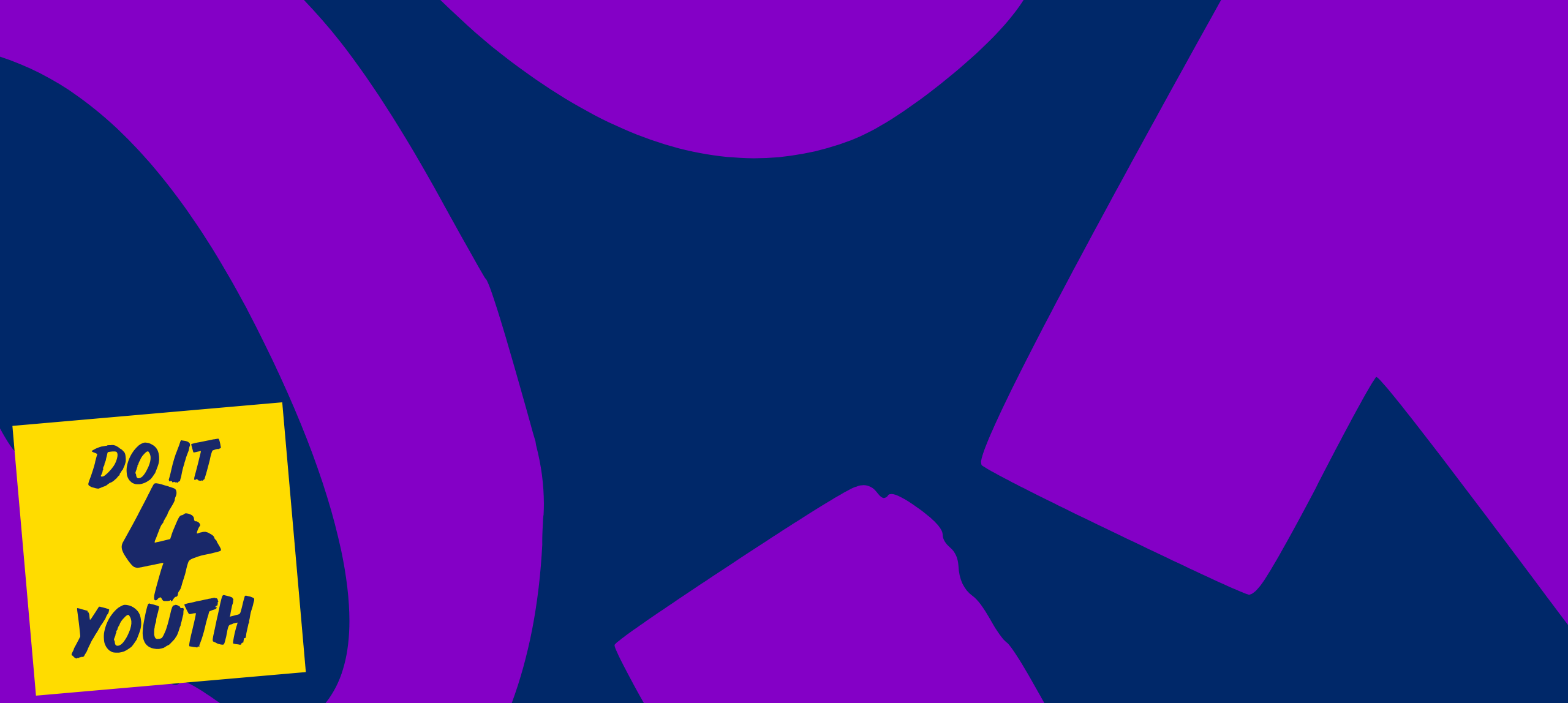 Abstract graphic design with large curved purple shapes over a dark blue background. In the lower-left corner, there is a yellow square containing the text “DO IT 4 YOUTH” in bold, handwritten-style lettering.