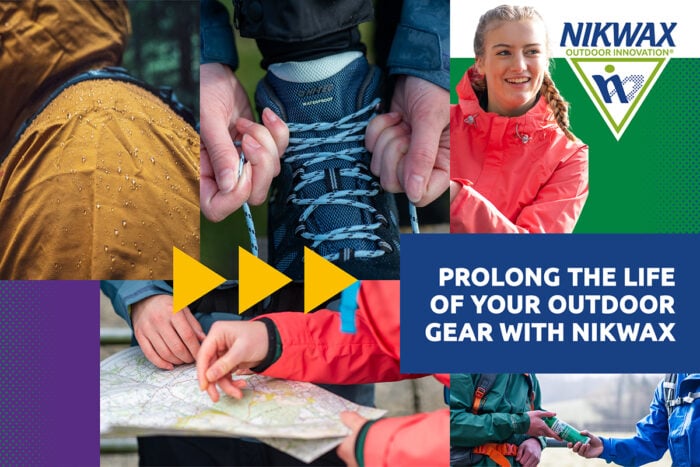 A collage of outdoor activity scenes, including a close‑up of raindrops on a waterproof jacket, hands tying hiking boot laces, someone reading a map, and a person wearing a bright outdoor jacket. On the right side, the Nikwax logo appears above text that reads “Prolong the life of your outdoor gear with Nikwax.”