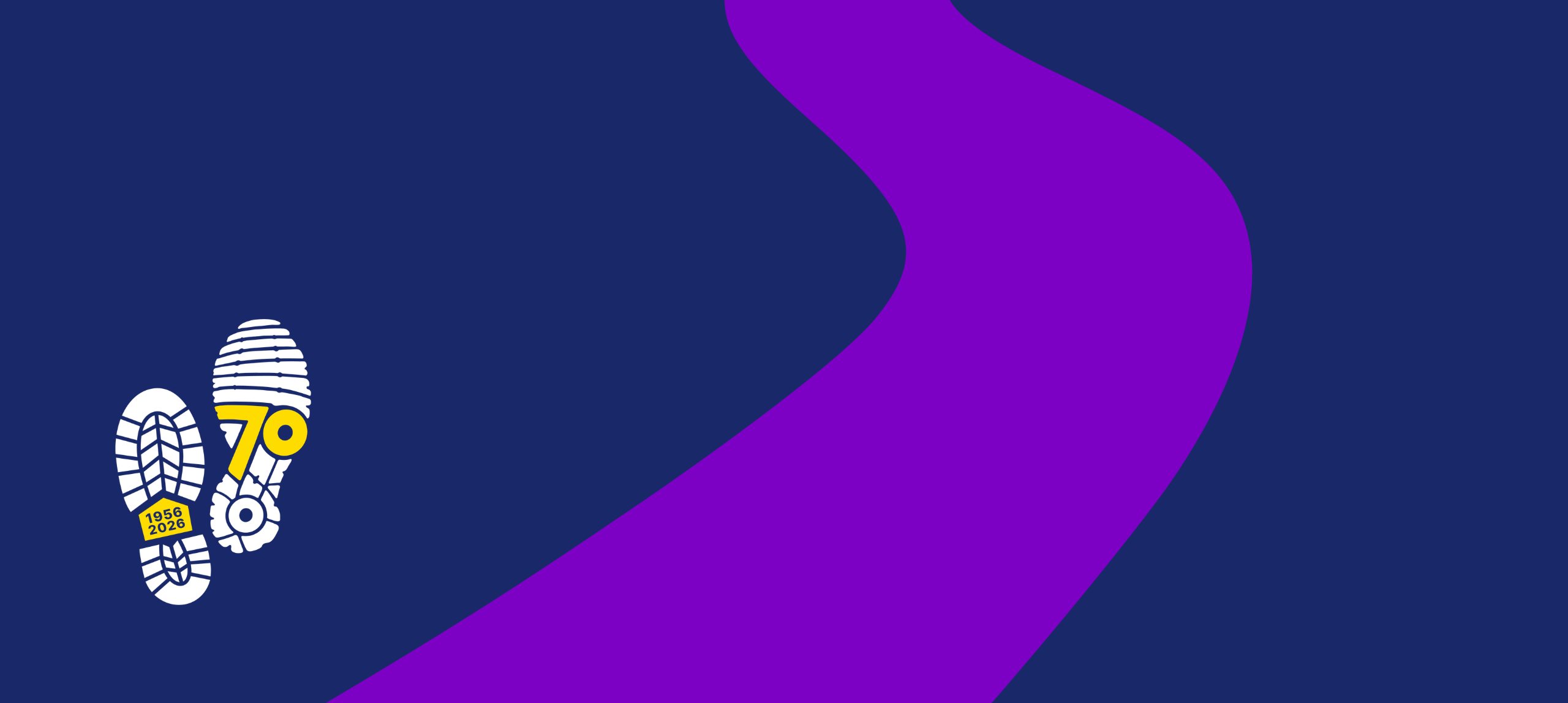 A dark blue background with a wide, curved purple path running from the top center toward the bottom right. On the lower left, there are two white illustrated boot prints: one with a small yellow rectangle reading “2024–2025,” and the other containing a yellow number “70.