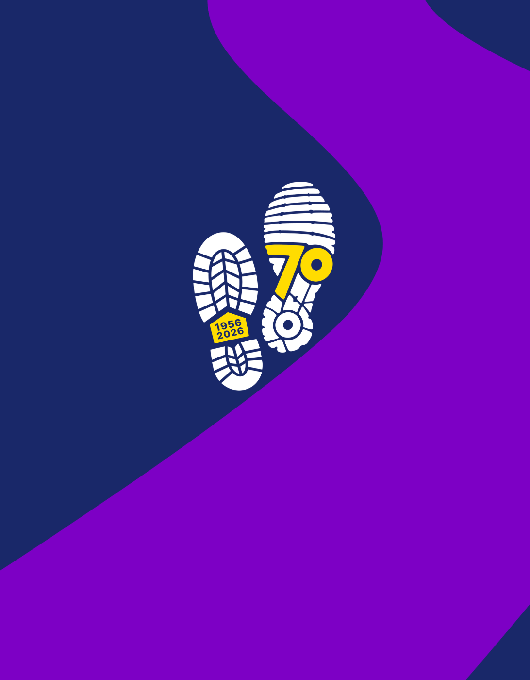 A dark blue background with a wide, curved purple path running from the top center toward the bottom right. On the lower left, there are two white illustrated boot prints: one with a small yellow rectangle reading “2024–2025,” and the other containing a yellow number “70.