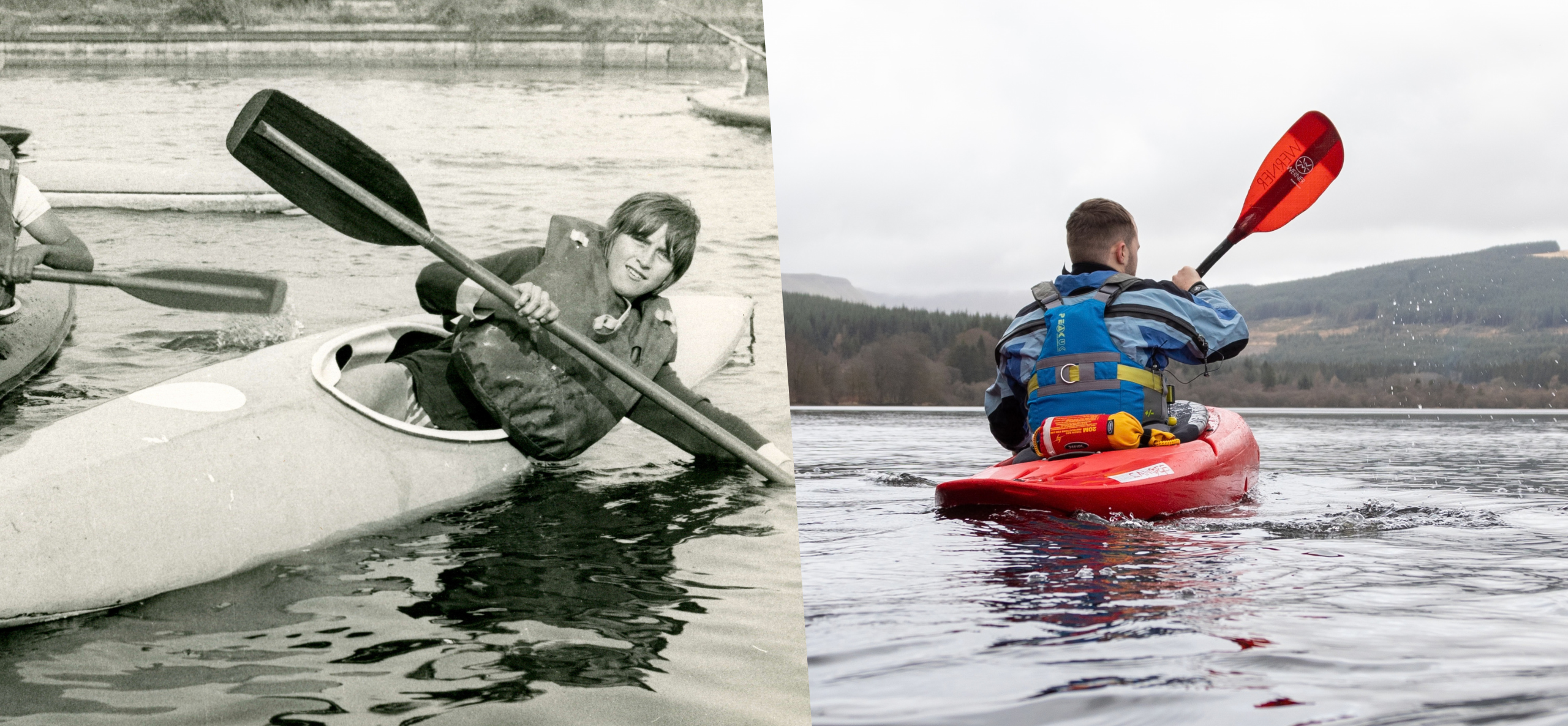 Collage of two young people, one in a black and white photograph kayaking, and one in a colourful photo with modern equipment.