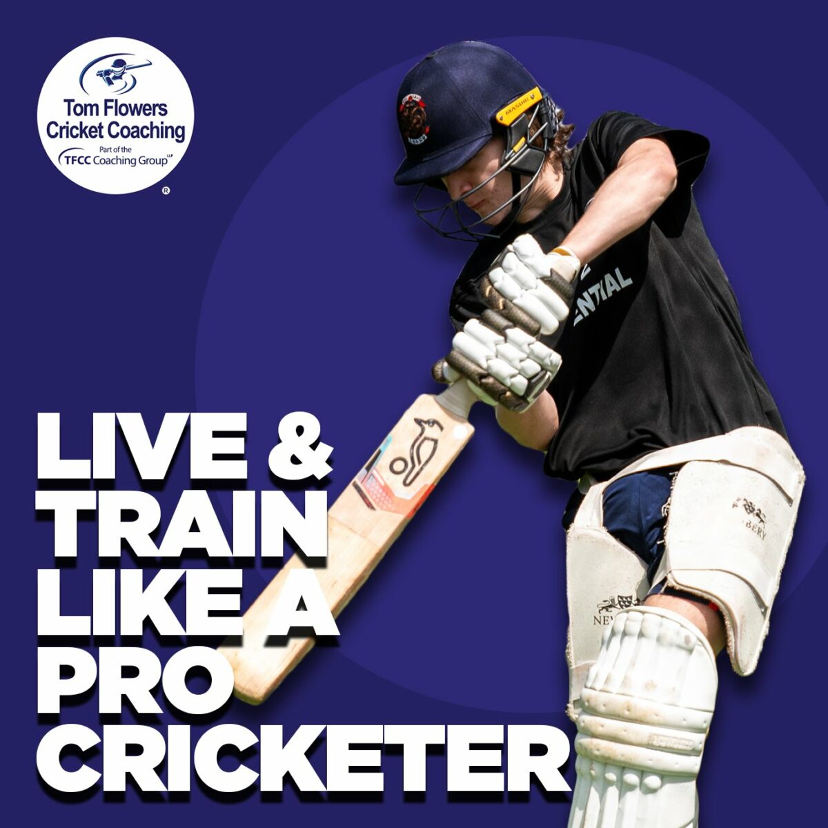 Young person playing cricket with a dark blue background. Text at front of image saying 