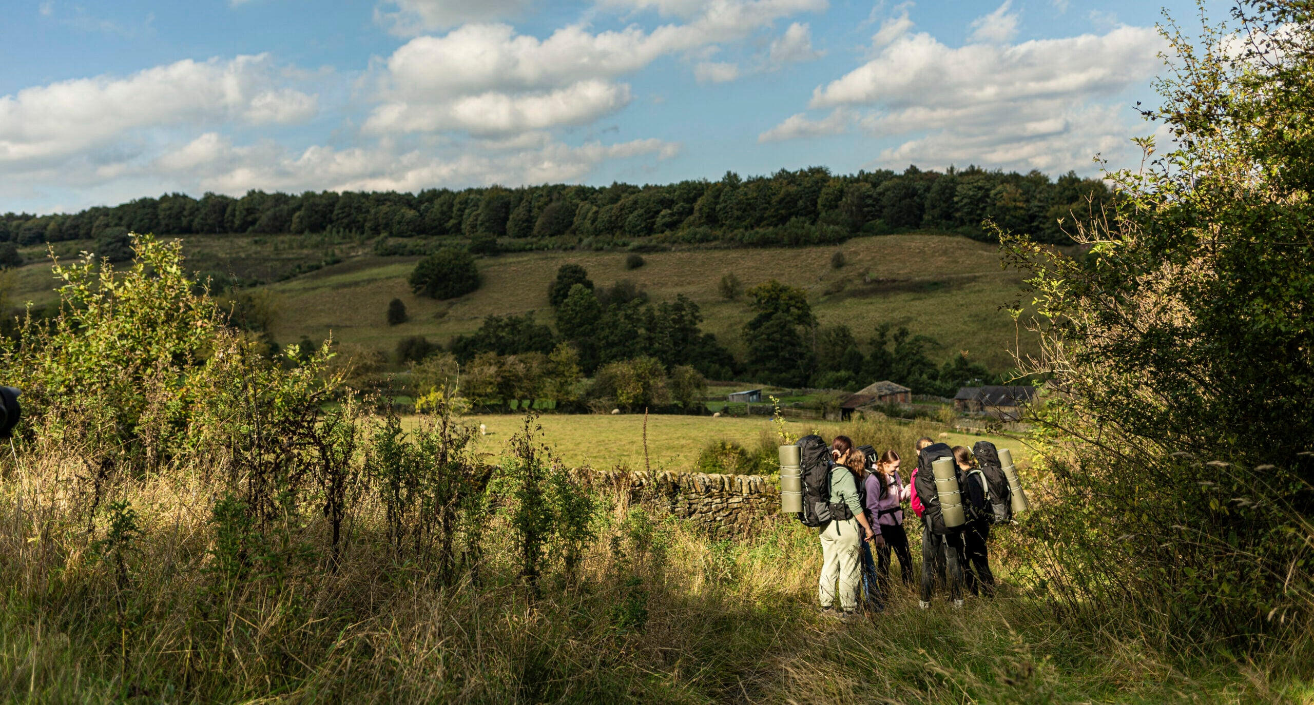 A group of four hikers with large backpacks stands on a grassy path surrounded by bushes, looking out at a scenic landscape. In the background, rolling hills are covered with trees under a partly cloudy sky. Small buildings can be seen in the distance, adding to the rural atmosphere.