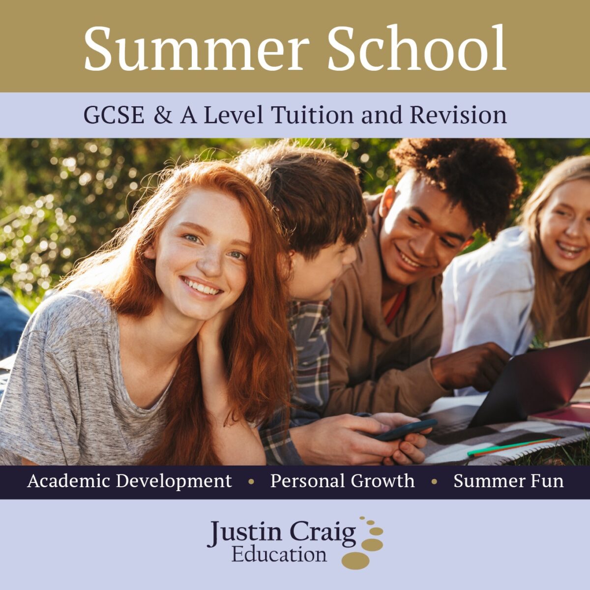 A group of young people studying and smiling. Text says 