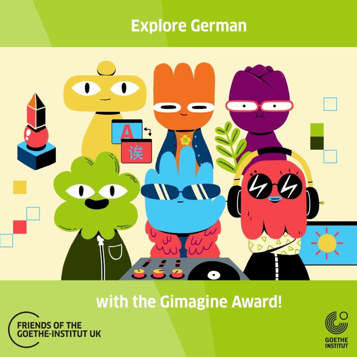 Multi Colour Cartoon Characters against a white background. Text says