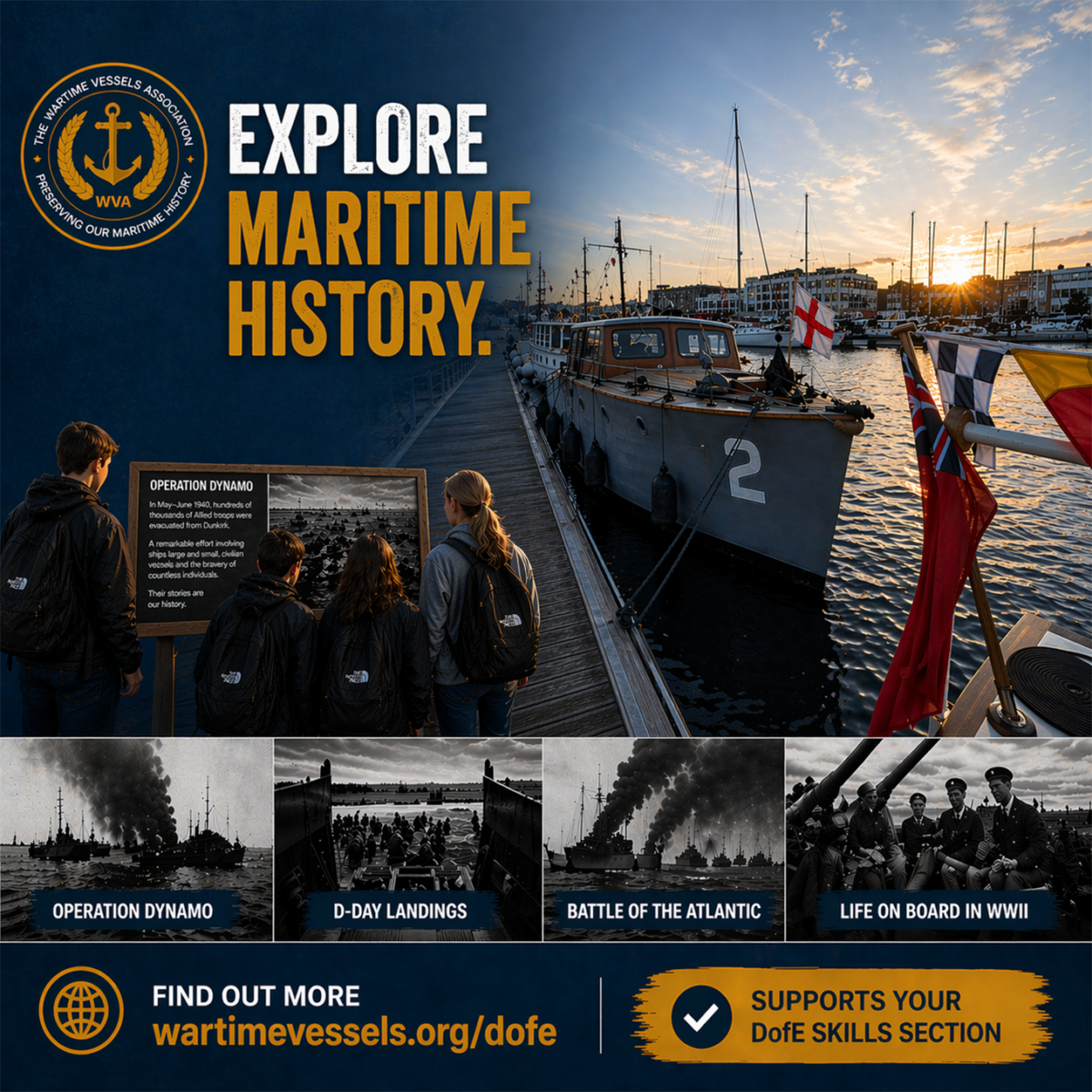 Wartime Vessels maritime history display with WWII vessels and docks.