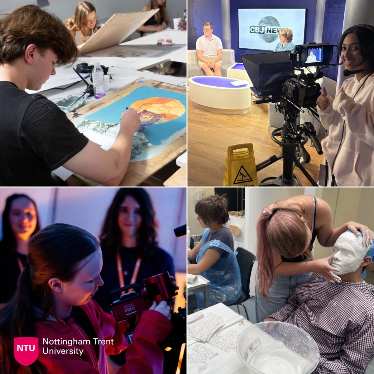 A collage of young people doing artistic courses.