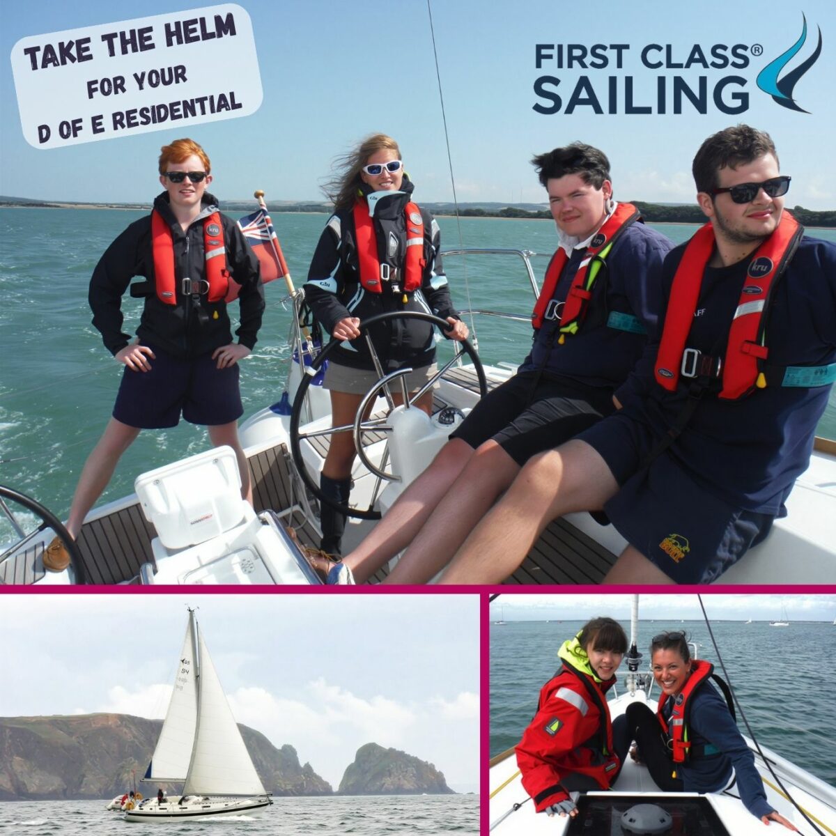 Group of young people wearing sailing gear on a boat.