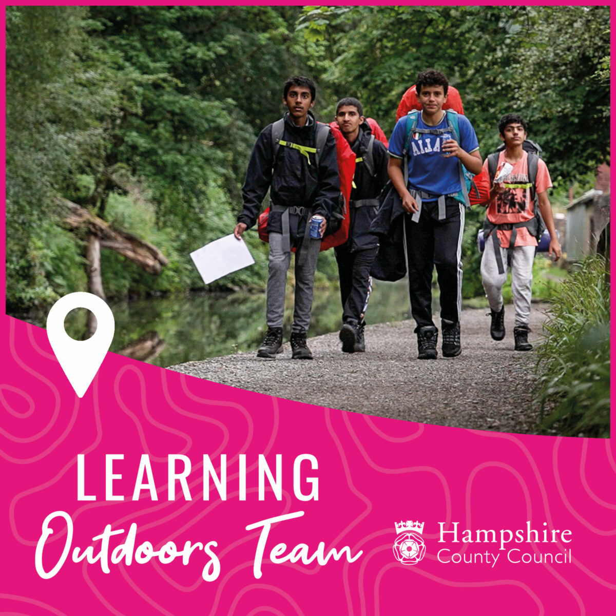 A group of young people on an expedition. Pink border with white text that says Learning Outdoors Team.