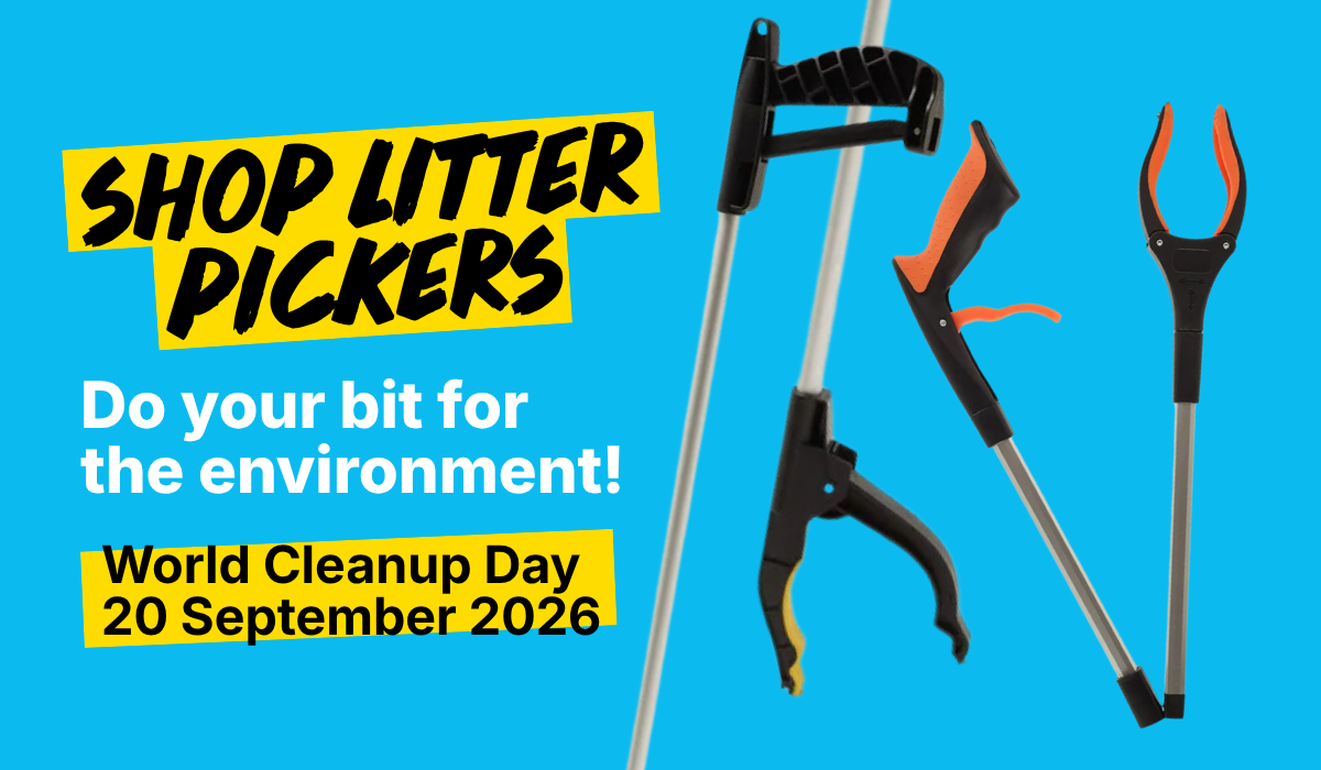 Graphic that promoted litter pickers. Blue background. Title says SHOP LITTER PICKERS