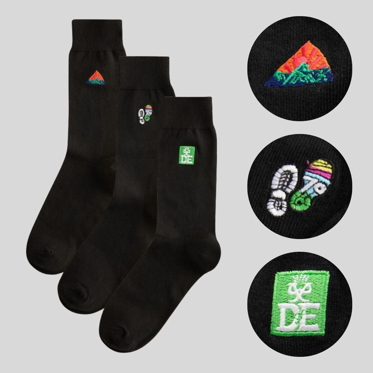 Black DofE Socks with colourful embroidered logos.